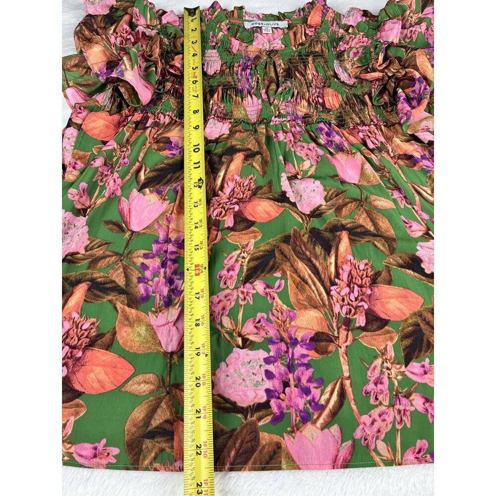 Rose + Olive Womens XS Green Pink Floral Smocked Ruffle Sleeve Blouse Romantic - Picture 9 of 10
